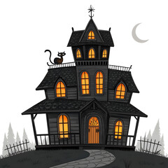 Obraz premium Halloween haunted house with cat and moon