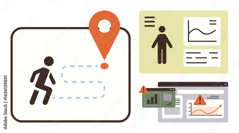 Aufkleber person navigating path with location pin, data charts, alerts on devices. ideal for analytics, navig