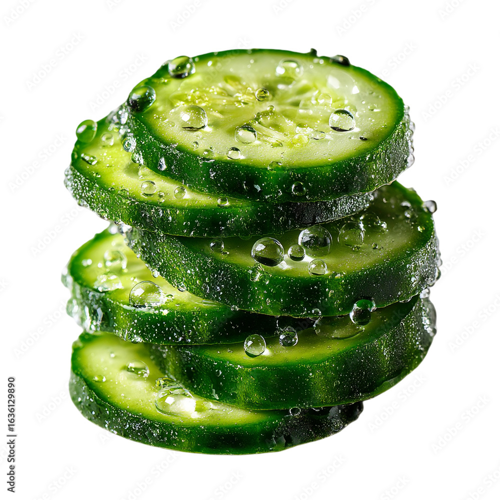 Poster a close up of a stack of fresh cucumber slices with water droplets on them isolated on transparent b