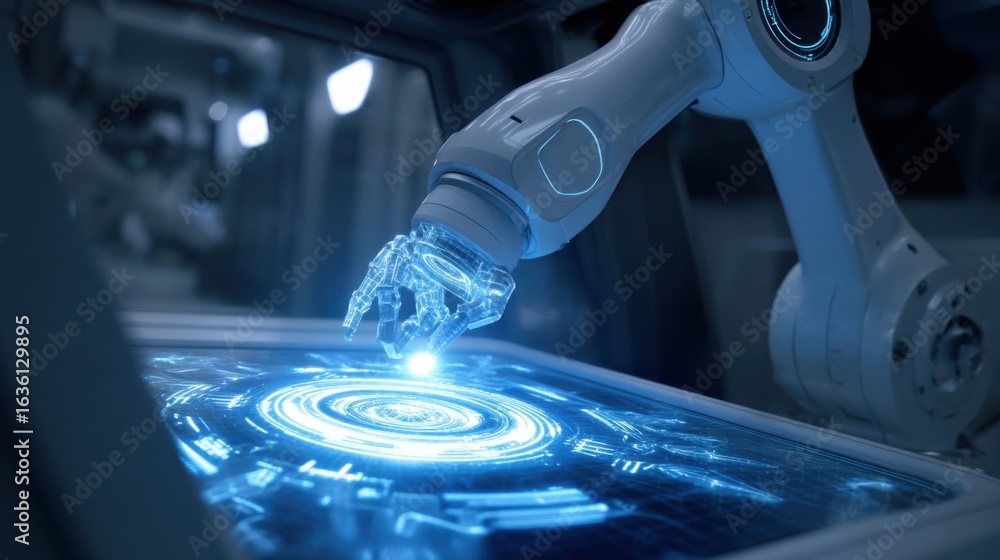 Poster a cuttingedge robot arm manipulating a freshly printed optical component in a sterile manufacturing 