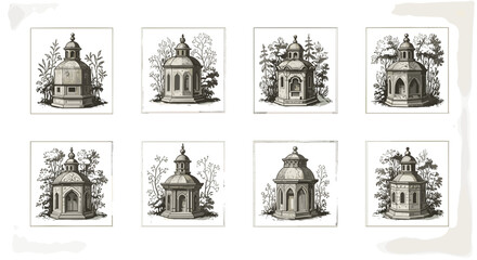A collection of eight architectural garden folly illustrations with floral backgrounds and white borders
