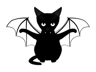 A fierce cat with protruding fangs spreads its paws and bat-like wings wide. Cute Halloween kitty with wings. Doodle illustration