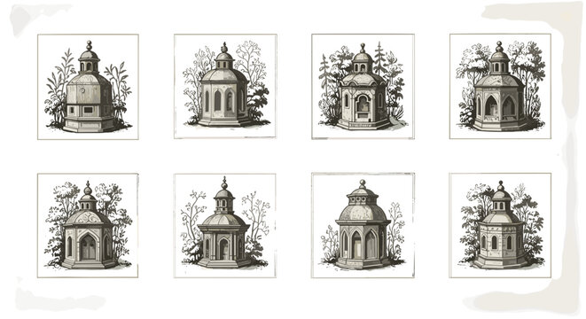 A collection of eight architectural garden folly illustrations with floral backgrounds and white borders