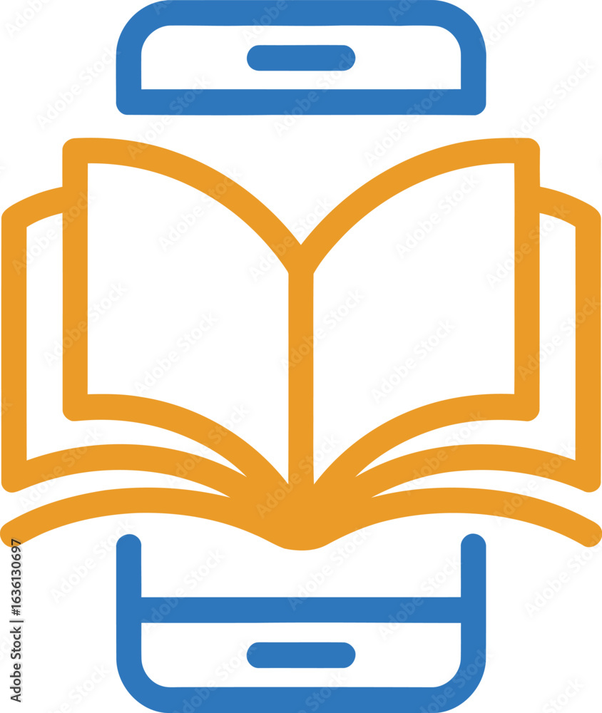 Poster simple line art of an open book with a smartphone