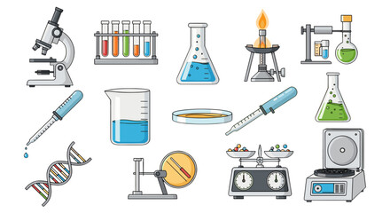 Obraz premium Illustration of various scientific laboratory equipment including glassware and instruments
