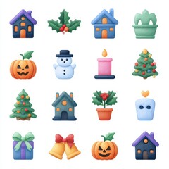 Colorful collection of decorative holiday icons showcasing various seasonal symbols and themes for home celebration