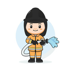 firefighter, cartoon, girl, hose, water, uniform, helmet, smile, fire, rescue, safety, emergency, equipment, professional, job, occupation, duty, protection, service, hero, illustration, character, cl