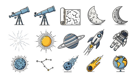 Illustration of telescopes, planets, moon phases, rocket, and astronaut in a space themed set