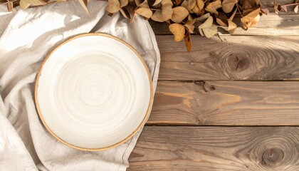 Rustic autumn table setting with an empty ceramic plate on a wooden background in sunlight.