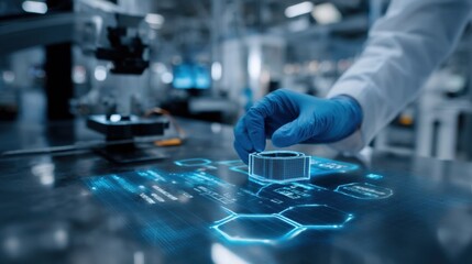 A focused view of a technician scanning a smart tag on a 3Dprinted part with a digital interface revealing the blockchain history of that component highlighting transparency in aerospace