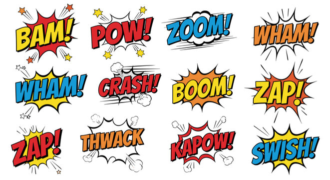Collection of twelve colorful comic book style explosion bubbles with action words and dynamic effects