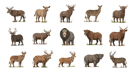 Fototapeta premium Illustration of various deer species and antelope standing on grass in a group on white background