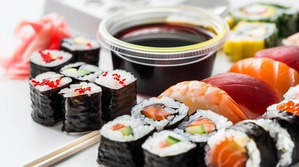 colorful plastic sushi set with soy sauce container on white background