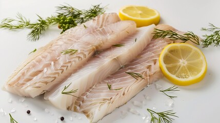 fake plastic fish fillet with lemon slices on white background