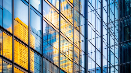 Fototapeta premium Modern Glass Facade Reflecting Golden Building and Blue Sky