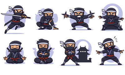Collection of Eight Cartoon Ninja Characters with Backgrounds