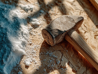Close-up of a heavy hammer resting on wooden surface with chalk dust scattered around in a well-lit workshop during sunlight hours
