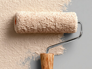 Painting process with a roller brush applying textured coat on a wall in a modern interior space during daylight