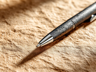 Elegant black pen resting on textured parchment paper near warm light, ideal for expressing creativity and ideas in a calm workspace