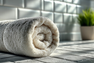 Soft white rolled towel resting on a tiled surface with gentle morning light and a potted plant in the background