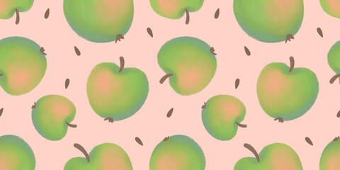 Seamless Pattern with Green Apples and Seeds on Pastel Pink Background – Hand Drawn Fruit Design for Fabric, Wrapping Paper, and Stationery