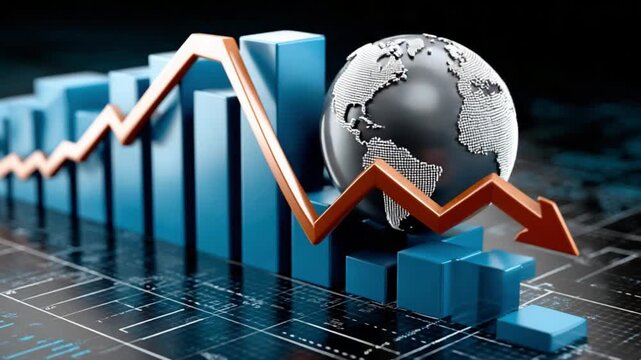 Global Economic Downturn: A striking visual depicts a global economic downturn. It features a downward-trending arrow superimposed on a world globe with bar graphs.