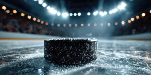 A hockey puck sits on the ice in an illuminated indoor arena, representing the theme of professional sports and arena lighting.