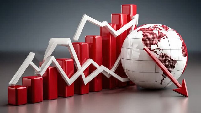Global Economic Decline: A stark visualization of economic downturn, with red bars and arrows indicating a downward trend, accompanied by a detailed globe. - Powered by Adobe