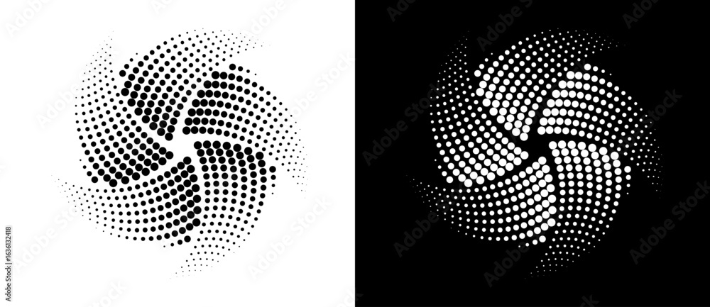 Poster abstract background with halftone dots in spiral. modern circle dotted pattern with 5 parts. black s