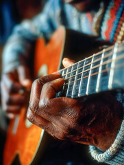 Musician plays acoustic guitar with skillful fingers in a warm and inviting atmosphere, showcasing passion for music at a relaxed venue