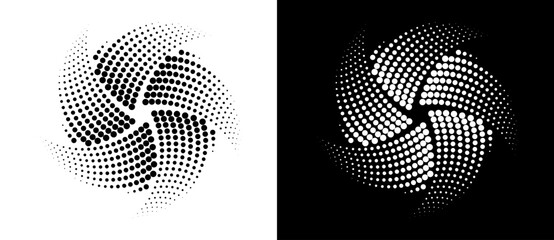 Abstract background with halftone dots in spiral. Modern circle dotted pattern with 5 parts. Black shape on a white background and the same white shape on the black side.