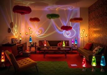 Retro Apartment Interior with Lava Lamps and Floating Fur Decor