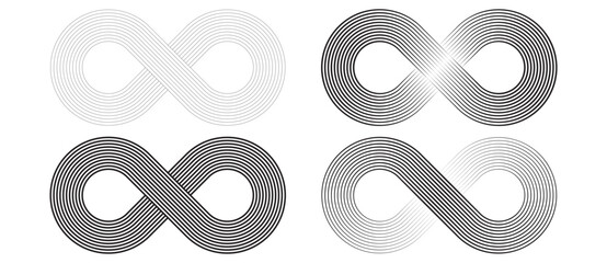 Set of spiral with lines as abstract infinity symbol. Black shapes on a white background.