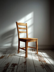 Wooden chair positioned in a sunlit corner of a rustic room showcasing warm tones and natural light during the afternoon