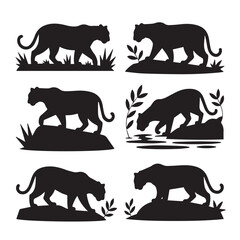 Naklejka premium Six silhouette illustrations of powerful black panthers in various natural poses