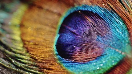 Fototapeta premium Macro peacock feather eye colorful iridescent detail texture background wallpaper image