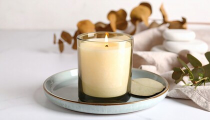 A lit aromatic candle in a glass jar with eucalyptus and spa stones for relaxation and wellness