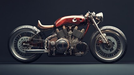 Detailed custom cafe racer motorcycle on display over a dark background