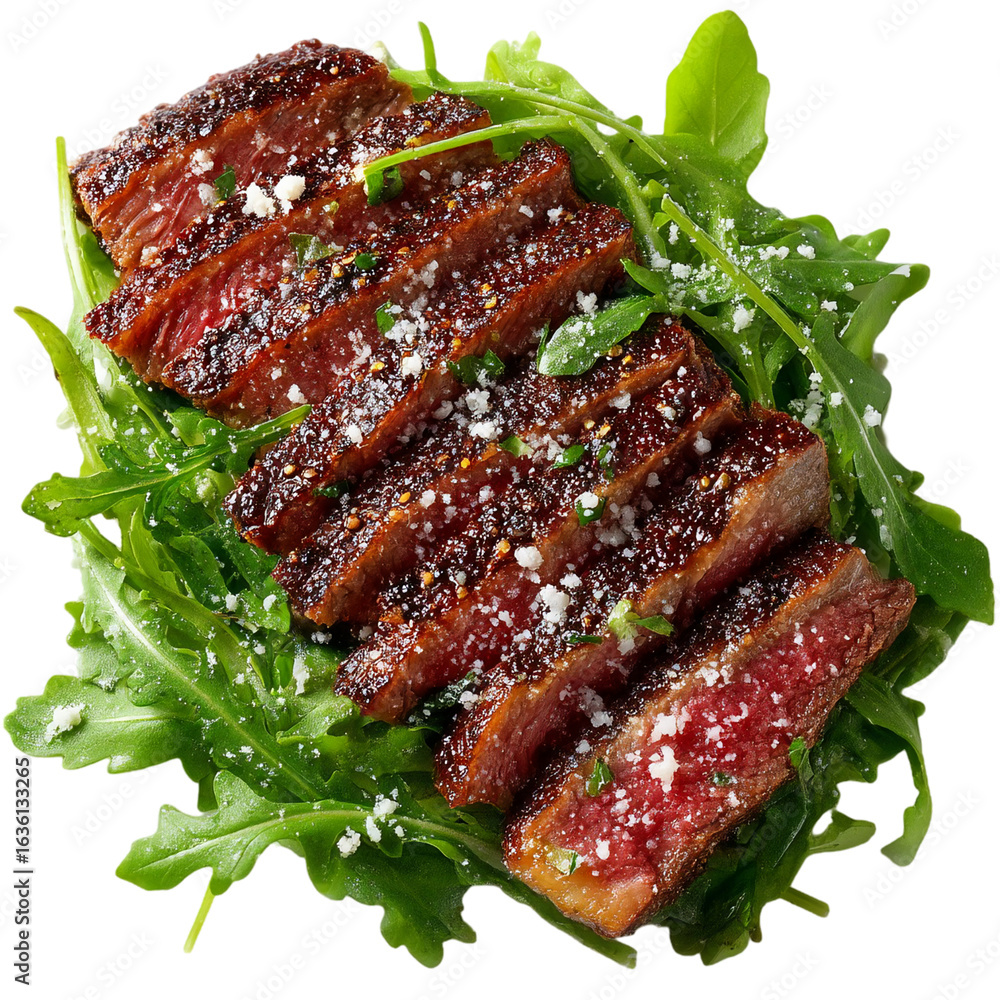 Poster sliced steak with arugula and parmesan cheese on a black background isolated on transparent backgrou