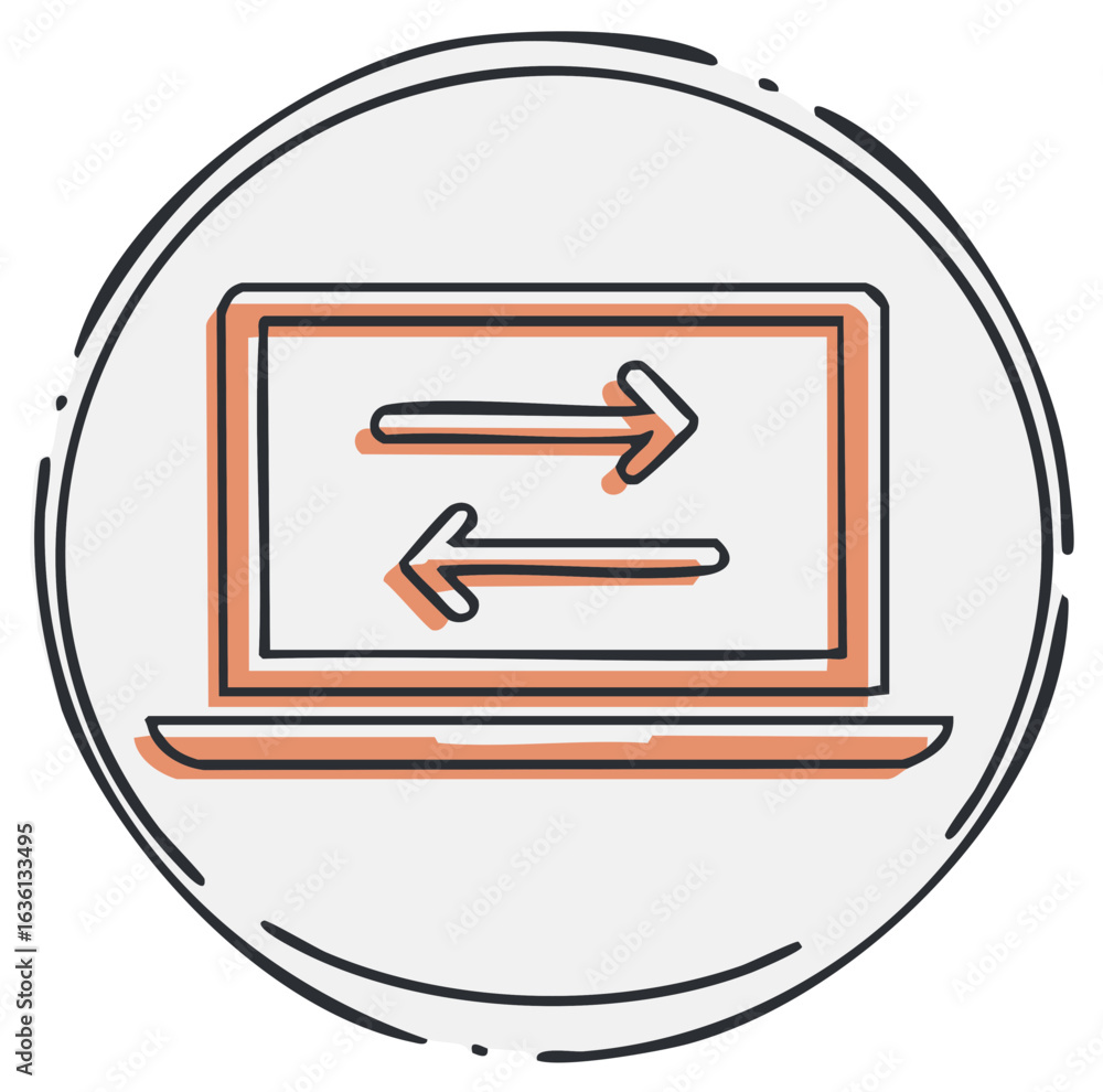 Aufkleber conceptual drawing of a laptop with bidirectional arrows representing data transfer or communication