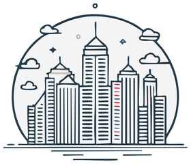 Fototapeta premium Modern City Skyline with Clouds and Stars Outline Vector Illustration