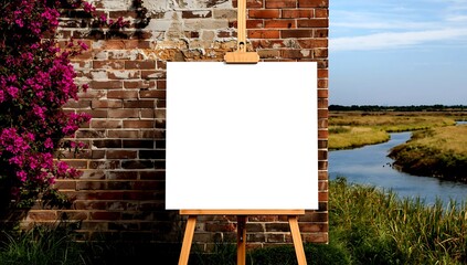 Blank canvas on easel with white background in front of brick wall and landscape