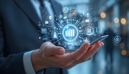 Fototapeta premium Data-Driven Success: A sharp, modern businessperson in a professional suit uses technology to unveil futuristic, interconnected digital data.