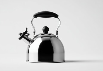 Polished stainless steel kettle on a plain background