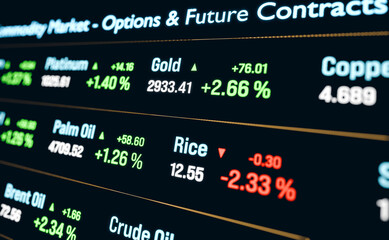 Obraz premium Commodity trading, ticker board, brent crude oil, natural gas, copper, gold, silver, alumnium, livestock, crop, rice, woll, cotton. 3D illustration