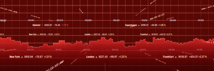 Abstract financial markets screen in red with tock chart, prices, market data. Stock market and exchange, invest, graph, banking, trading, risk, volatility. 3D illustration