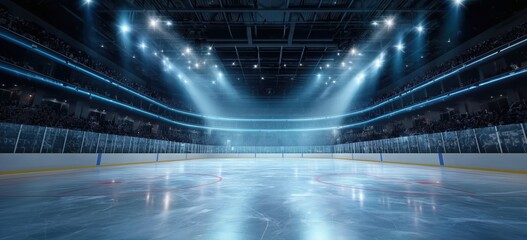 The inside of an unoccupied ice hockey arena showcases a lit and glossy ice rink, symbolizing the excitement and preparation for an exhilarating match.