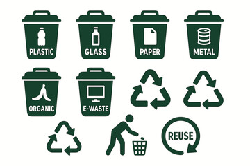 Recycling bin icons categorized by material types with recyclable symbols
