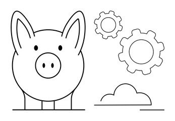 Stylized piggy bank with gears and cloud elements, symbolizing financial savings, technology integration, and innovation. Ideal for finance, business, tech solutions, startups, creativity strategy