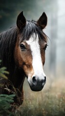 Obraz premium Brown horse with white markings standing among trees in a foggy forest setting during early morning hours